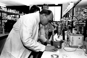 Lab Coat Prints: Neil Kinnock during a visit to Tyneisde 9 January 1987 - Neil donned a
