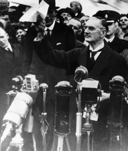 00157 Prints: Neville Chamberlain returning from Munich after seeing Hitler with his piece of paper