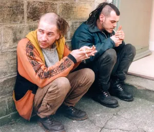 Two New Age travellers outside Hexham Court to hear the result of a hearing in April 1996
