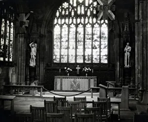 New figures of St Michael & St George at Manchester Cathedral, 11th November 1938