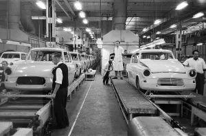 New Ford Anglia cars coming off the production line at the new Ford paint