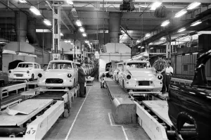 New Ford Anglia cars coming off the production line at the new Ford paint