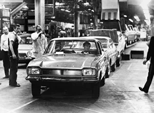 A new Ford Capri car rolls off the production line at the Ford Motor plant in Halewood