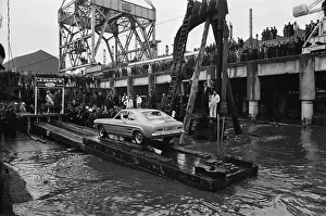 The new Ford Capri, launched in unusual manner off the slipway at the shipbuilding yard