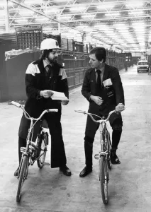 Manufacturers Prints: The new Ford plant at Bridgend is so large that workers use bicycles to get around