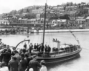 Life Boats Prints: New lifeboat at Brixham, Devon. The Prince of Wales making a speech before the launch