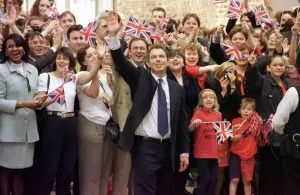 Celebrating Prints: New Prime Minister Tony Blair waving to crowds outside number 10 Downing Street after