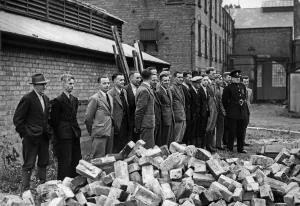 Fire Fighters Prints: New recruits to the Derby Auxiliary Fire Brigade watching a fire-drill at Haslam