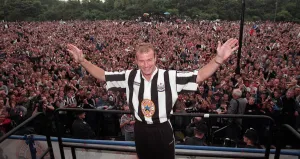 New signing Alan Shearer greets fans outside St James Park Newcastle, 6th August 1996