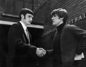 Captain Prints: New signing Larry Lloyd is greeted by Emlyn Hughes upon his arrival at Anfield