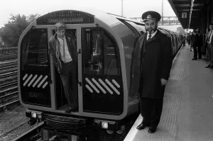 A new Tube Train is launched - June 1987 scene show the new train at the platform