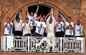 The New Zealand cricket team celebrate victory July 1999 from dressing room