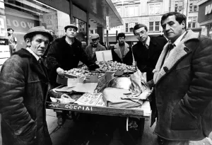 00496 Prints: Newcastle barrow boys with their licences for legal trading in the city centre on 26th