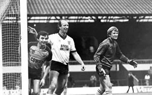 Newcastle manager Jack Charlton on the goal line for a corner with David Craig