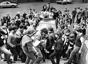 Newcastle United footballer Kevin Keegan is greeted by jubilant Newcastle fans at St