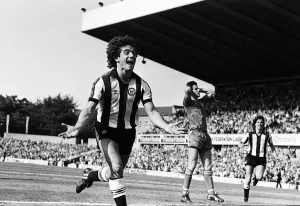 Newcastle Uniteds Kevin Keegan celebrates after scoring a goal on his debut at St