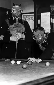 Gas Masks Prints: Newcastle West End Police held a gas mask snooker handicap in aid of the British Red