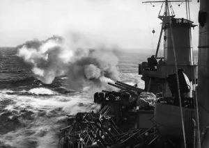 The newest Royal Navy battleship HMS King George V at sea showing off formidable