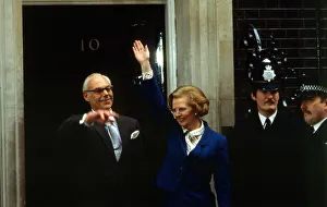 Newly elected Prime Minister Margaret Thatcher arrives at Downing Street with husband