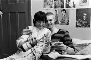 Newlywed punk rockers Helga (aged 45) and Adrian (17) Marsden at home in Ward Green