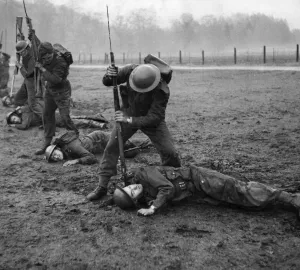 Newspaper correspondents witness a Commando training demonstration in the Scottish