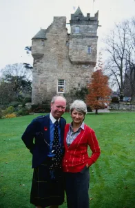 Nicholas Fairbairn politician December 1987 with hs wife Sam outside their home Fordel