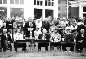 00130 Prints: Nick Faldo British Golf during a speech after his victory at Muirfield The crowd