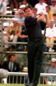 00134 Prints: Nick Faldo Golf at British Open at Sandwich tees of on first hole circa 1995