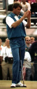 00130 Prints: Nick Faldo golf player for England looking as though he is calling for help as he starts
