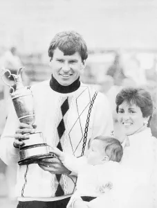 00188 Prints: Nick Faldo golfer with wife and daughter holding open golf championship trophy claret jug