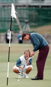 Putter Prints: Nick Faldo practising his putting during practice round for the British Open Golf