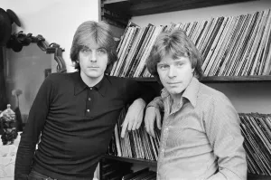 Nick Lowe dark shirt) and Dave Edmunds (in lighter shirt) pictured together in 1979