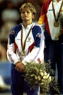 Gymnastics Prints: Nicola Fairbrother 1992 Gymnastics of Great Britain is close to tears at the medal