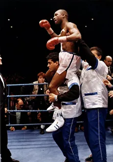 Nigel Benn at the end of his second fight with Chris Eubank at Old Trafford the fight
