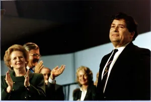 00203 Prints: Nigel Lawson receiving standing ovation at Blackpool Conservative Conference on stage