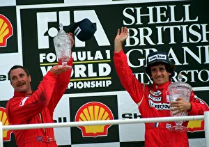Motor Sports Prints: NIGEL MANSELL AND ALAIN PROST ON WINNERS PODIUM AFTER BRITISH GRAND PRIX AT SILVERSTONE