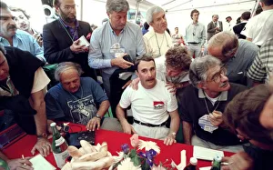 Nigel Mansell, British F1 racing driver at a press conference