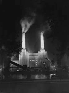 Power Station Prints: Night time picture of Battersea Power Station lit up on the River Thames, London