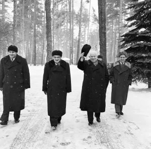 Cold Prints: Nikita Khrushchev Soviet Leader pictured waving his hat as he walks in the snow with