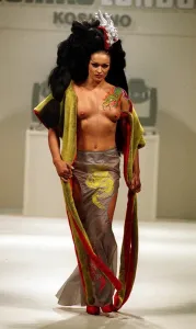 Nikki Diamond former Gladiator Scorpio modelling Michiko Koshino design London