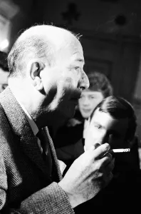 Noel Coward Reception for cast members in Manchester where he celebrates two