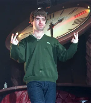 Noel Gallagher Oasis group SECC Glasgow December 1997 on stage at concert in Glasgow