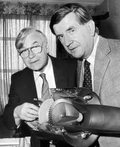 Green Prints: Noel Penny (left) with John Ling Euro MP and a model of a Turbo turbine. 9th May 1989