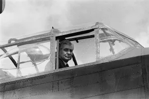 Pilot Prints: Norman Jackson VC sitting in the cockpit of an Avro Lancaster Bomber of the RAF Battle of