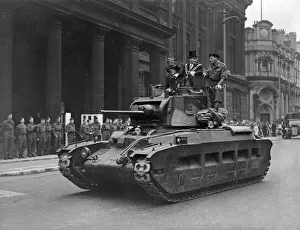 Tanks Prints: Norman Tiptaft Lord Mayor of Birmingham rides a Matilda tank at the head of a parade