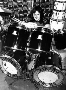 North East rock band Fist, drummer Harry Hill in Viking Drums of Jarrow 10 October 1980