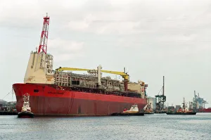 00853 Prints: The North Sea Producer ship leaves its berth on the River Tees ready to set off to work