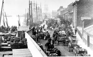 1910 Prints: North shields fish quay in 1910. Sail still outnumbers steam and the horse