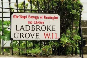Notting Hill Feature April 1999 Ladbroke Grove Road sign, Notting Hill West London