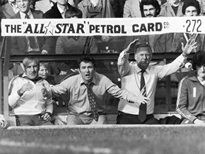 Nottingham Forest manager Brian Clough animated on the bench with Peter Taylor October